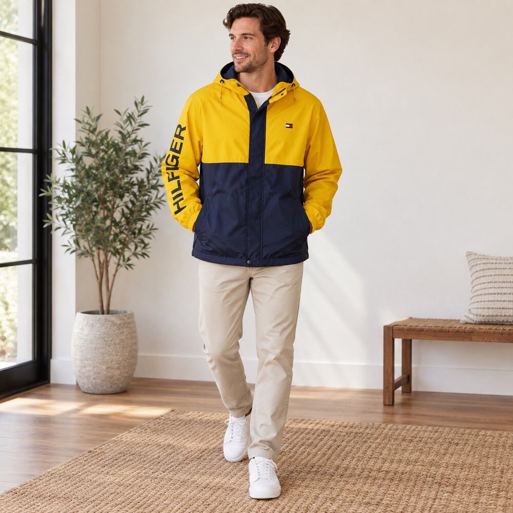 Tommy Hilfiger Jacket Mens L Yellow Navy Hooded Colorblock Windbreaker Logo